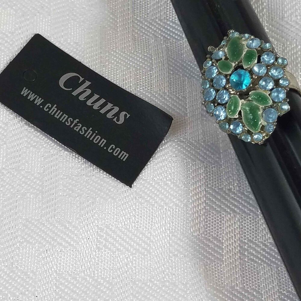 NWT! Womens Chuns Cluster Ring Silver Tone Band Blue & Green Stones One Size